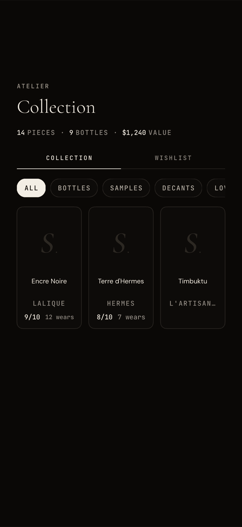 The ScentGraph Atelier: a collection grid with piece count, bottle count and total value