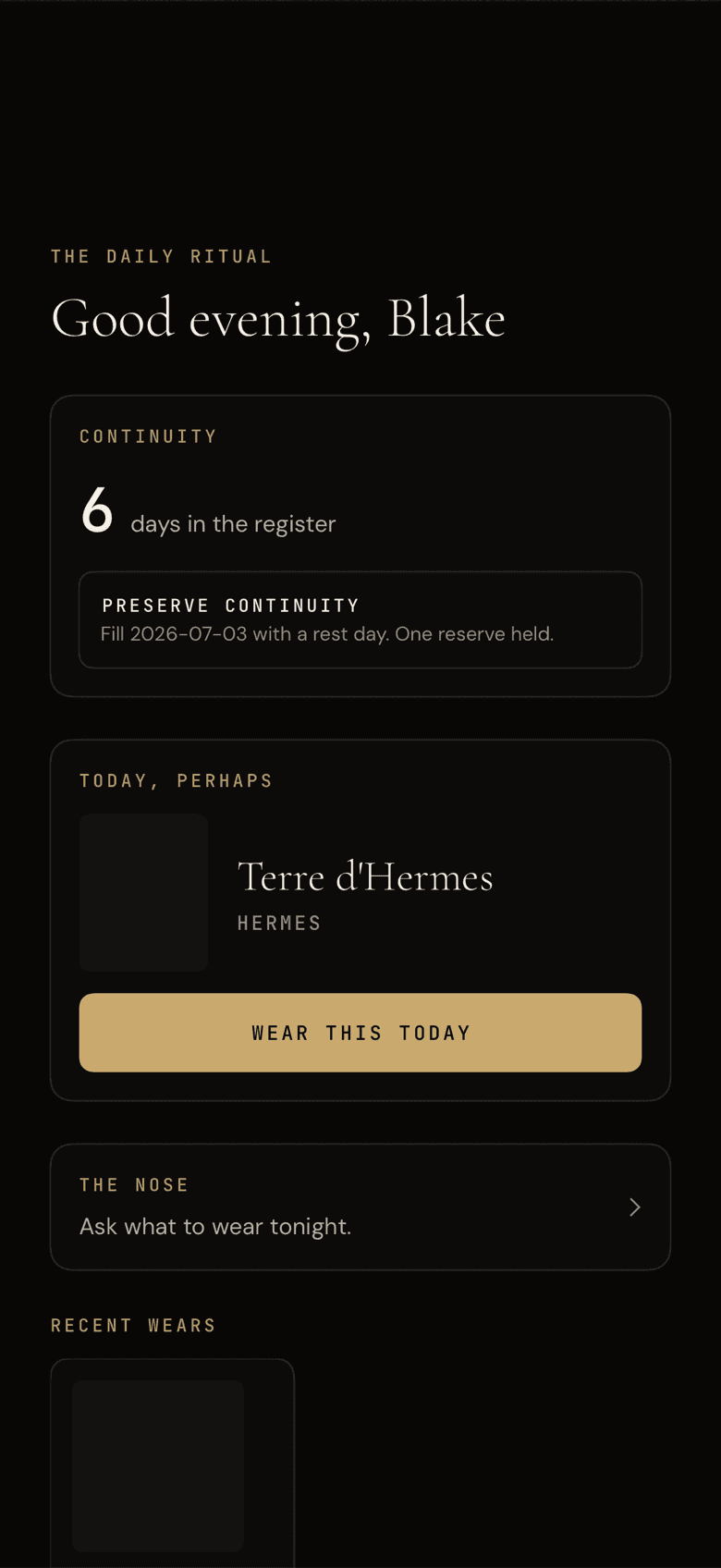 ScentGraph home screen showing the daily ritual: a Continuity count, a suggested fragrance and the Wear This Today button